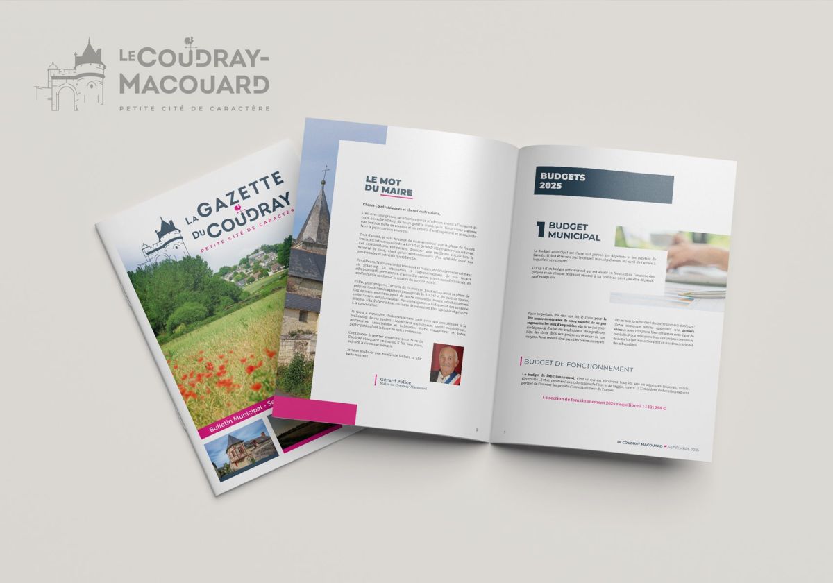 Couverture et double page de La Gazette du Coudray, bulletin municipal du Coudray-Macouard mis en page par Pixim