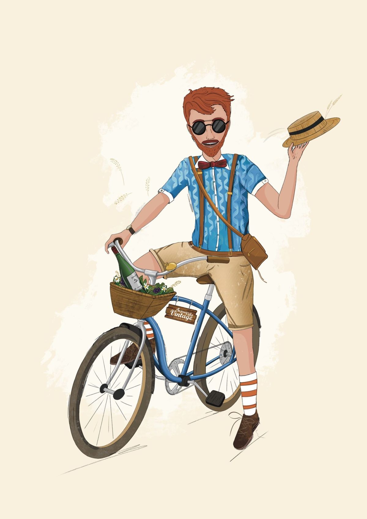 Cycliste roux saluant avec son canotier, personnage illustré pour Anjou Vélo Vintage