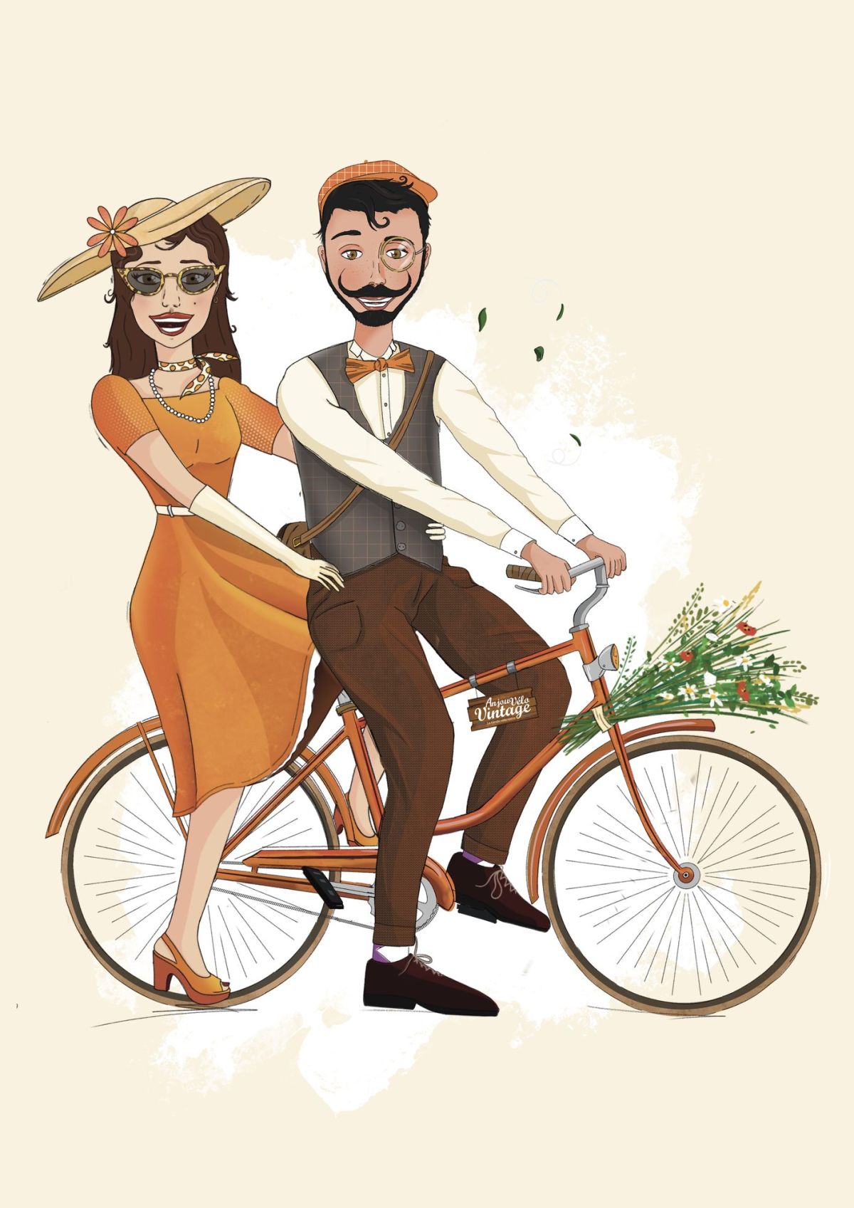 Couple de cyclistes en tenue rétro sur un même vélo, personnages illustrés pour Anjou Vélo Vintage