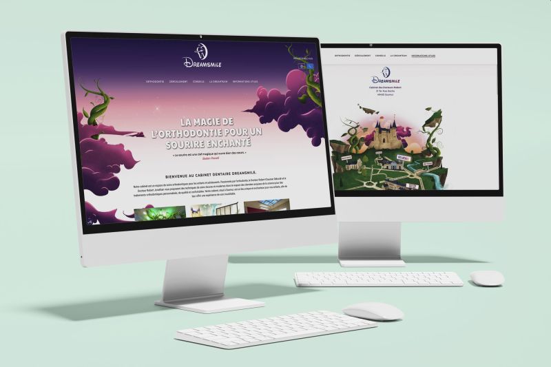 Site internet de Dreamsmile conçu par Pixim, affiché sur un écran d’ordinateur et un ordinateur portable