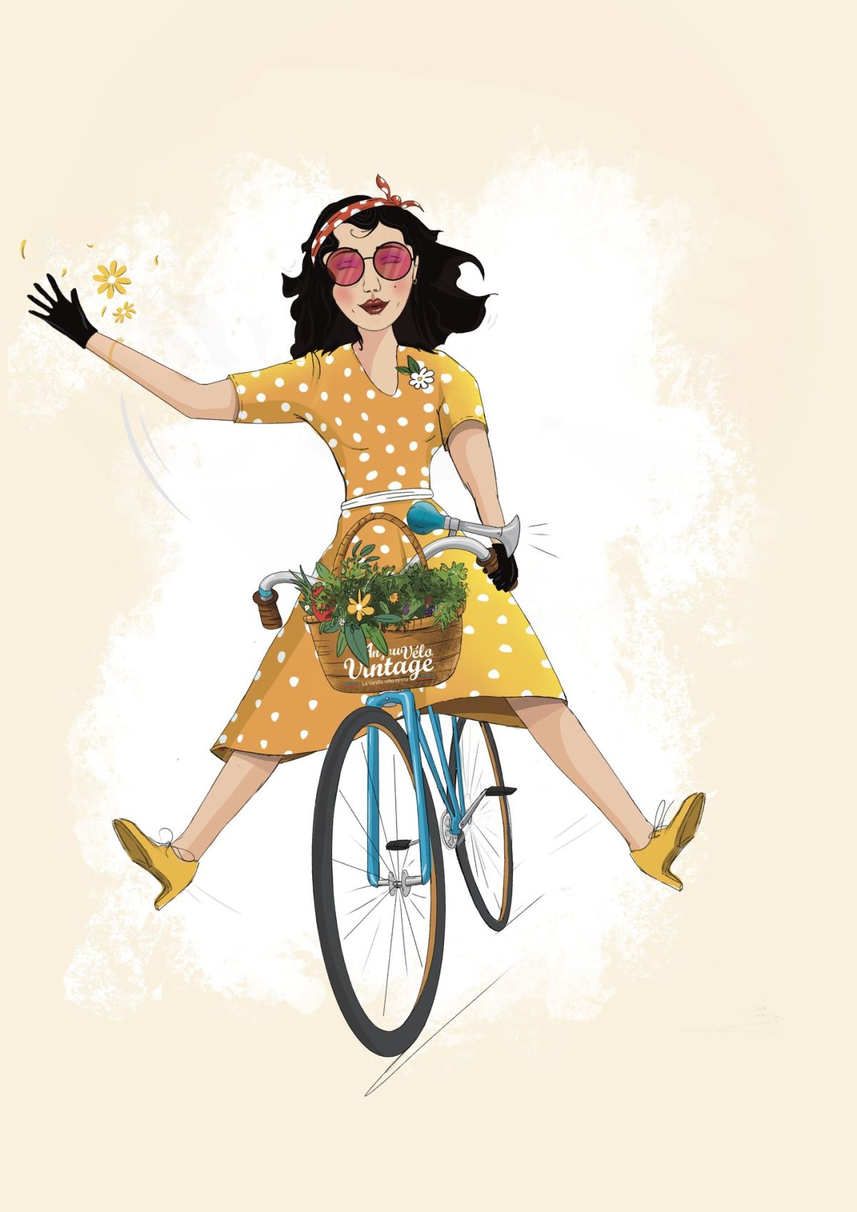 Cycliste en robe jaune à pois, personnage illustré pour Anjou Vélo Vintage