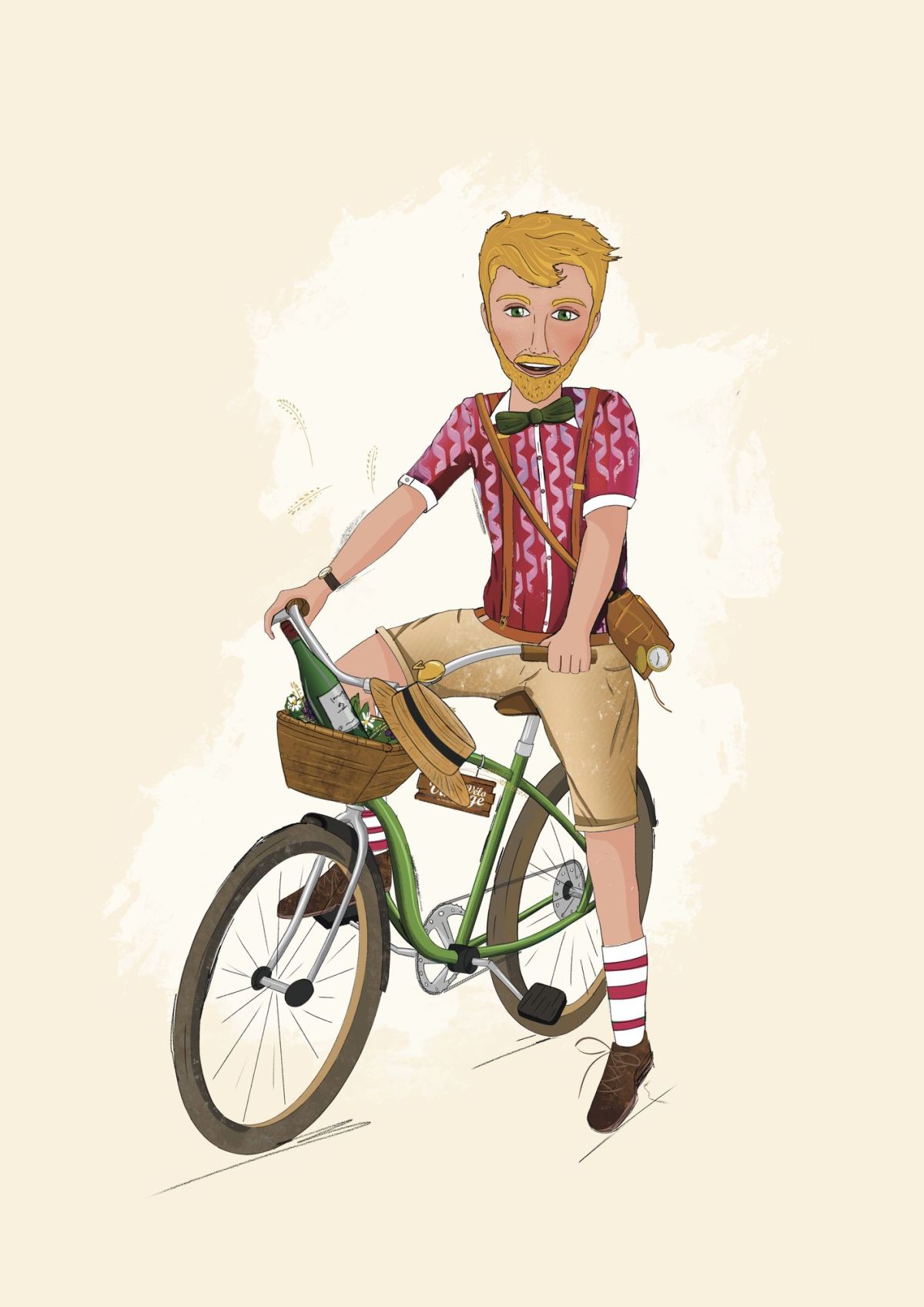 Cycliste blond en chemise à carreaux, personnage illustré pour Anjou Vélo Vintage