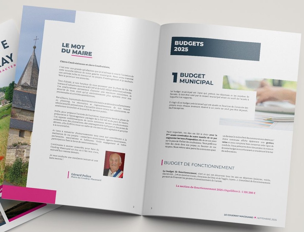 Détail de la double page de La Gazette du Coudray : mot du maire et rubrique budgets 2025