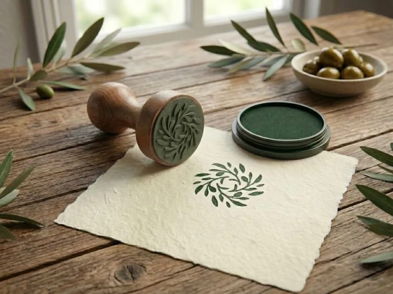 Tampon et papier à l’identité visuelle de L’Olivo, créée par Pixim